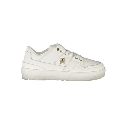 Athletic Sneakers by Tommy Hilfiger for women in polyester polyethylene leather white & signature features an architectural silhouette, showcasing the premium athletic style of the Crisp Women's Athletic Polyester Polyethylene Leather Sneakers with an architectural finish.