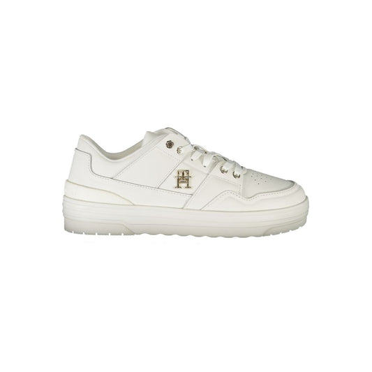 Athletic Sneakers by Tommy Hilfiger for women in polyester polyethylene leather white & signature features an architectural silhouette, showcasing the premium athletic style of the Crisp Women's Athletic Polyester Polyethylene Leather Sneakers with an architectural finish.