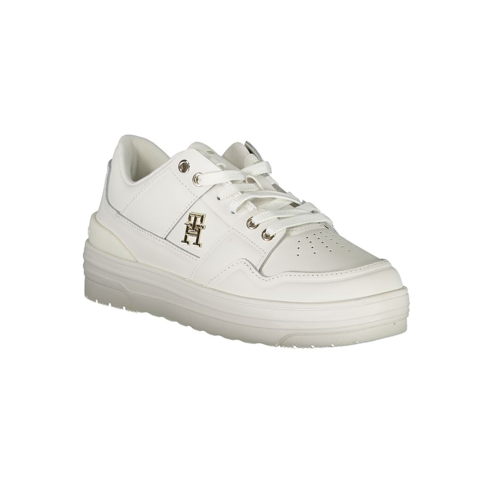 Athletic Sneakers by Tommy Hilfiger for women in polyester polyethylene leather white & signature showcases a architectural silhouette, artfully capturing the essence of the Crisp Women's Athletic Polyester Polyethylene Leather Sneakers with its signature architectural athletic style construction.