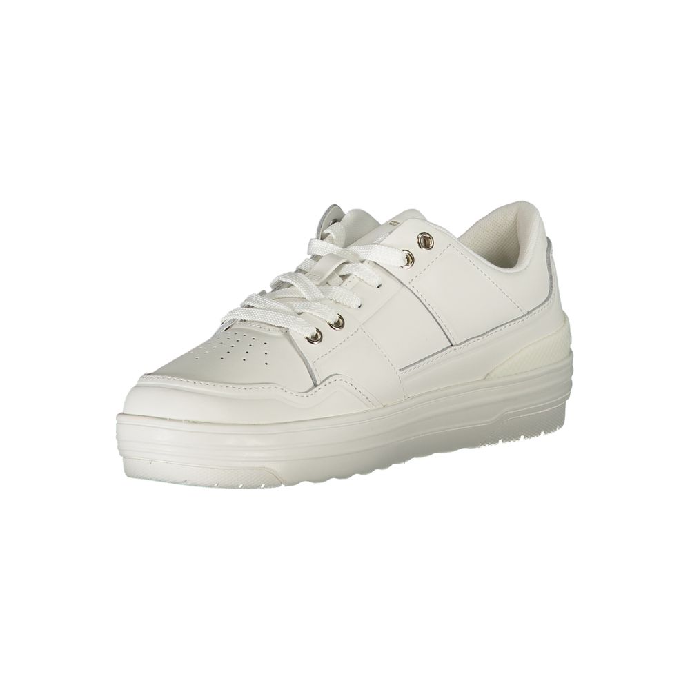 Athletic Sneakers by Tommy Hilfiger for women in polyester polyethylene leather white & signature features an architectural silhouette, showcasing the premium athletic style of the Crisp Women's Athletic Polyester Polyethylene Leather Sneakers with an architectural finish.
