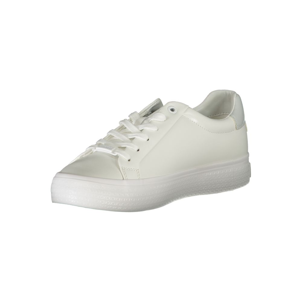 Sneakers by Calvin Klein for women in polyester polyurethane leather white presents a sumptuous silhouette, artfully capturing the essence of the Crisp Essence Women's Low Top Polyester Polyurethane Leather Sneakers with its sumptuous low-top style design.