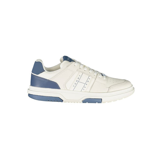 Sneakers by Tommy Hilfiger for men in polyester polyethylene leather blue, white & signature presents a sumptuous silhouette, artfully capturing the essence of the Men's Fashion Polyester Polyethylene Leather Sneakers with its sumptuous fashion style design.