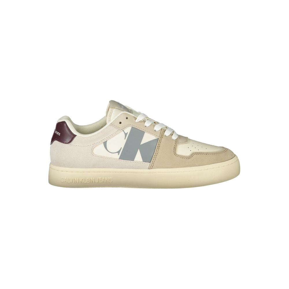 Athletic Sneakers by Calvin Klein for men in faux leather & canvas beige, bordeaux & gray features an architectural silhouette, showcasing the premium athletic style of the Men's Athletic Faux Leather & Canvas Sneakers with an architectural finish.