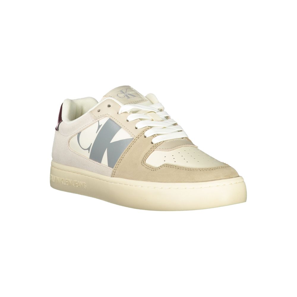 Athletic Sneakers by Calvin Klein for men in faux leather & canvas beige, bordeaux & gray features an stately silhouette, showcasing the signature athletic style of the Men's Athletic Faux Leather & Canvas Sneakers collection with a truly stately finish.