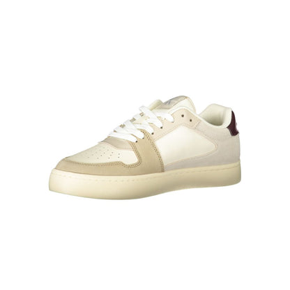 Athletic Sneakers by Calvin Klein for men in faux leather & canvas beige, bordeaux & gray presents a sleek silhouette, perfectly capturing the athletic style essence of Men's Athletic Faux Leather & Canvas Sneakers with its sleek design and premium finish.