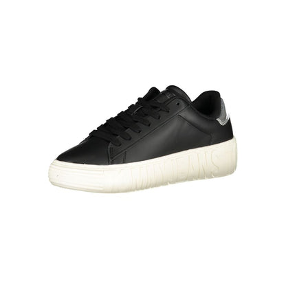 Sneakers by Tommy Hilfiger for women in polyester polyurethane leather black & white features an opulent silhouette from the Women's Low-Top Polyester Polyurethane Leather Sneakers collection, showcasing a signature low-top style with an opulent finish.