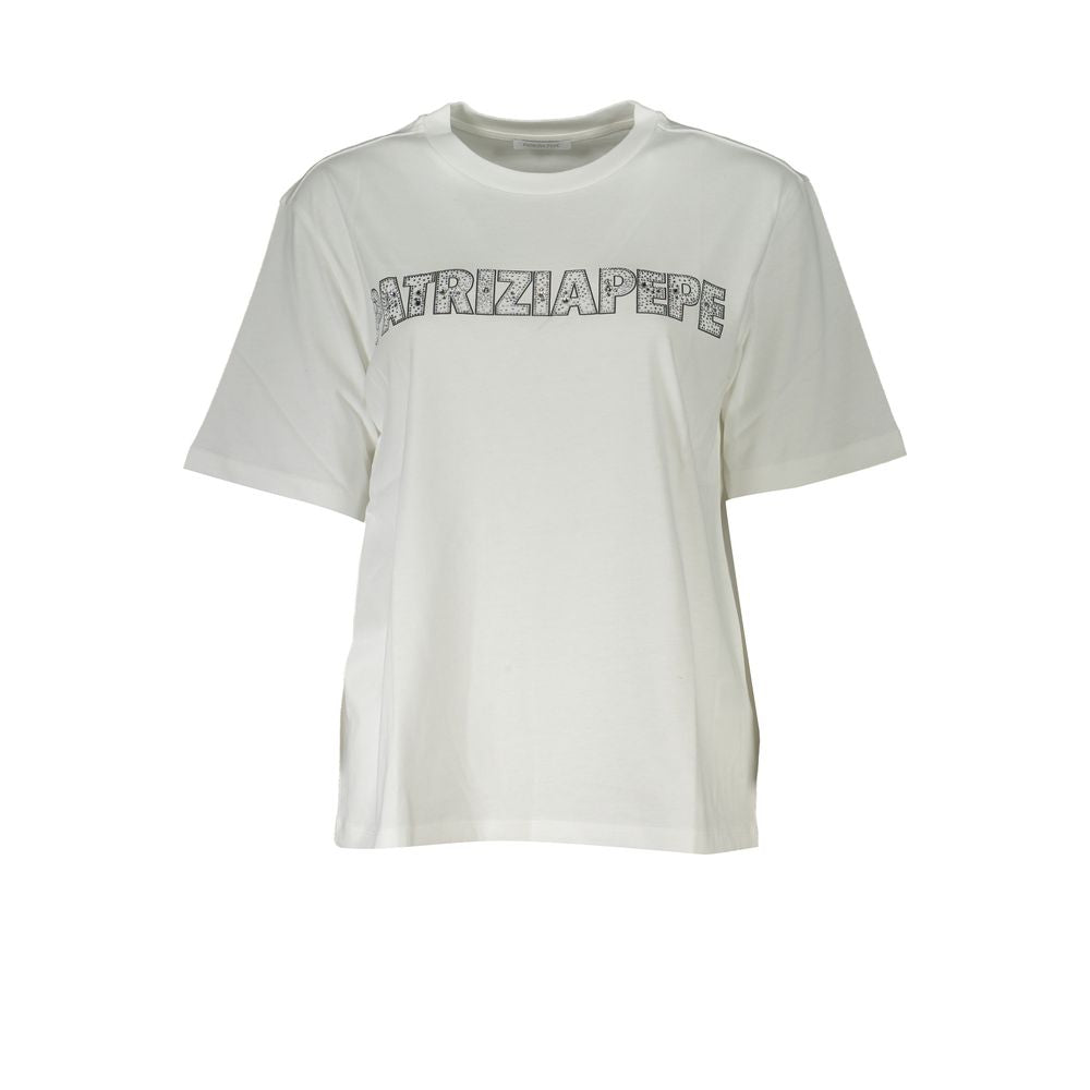 T-Shirt by Patrizia Pepe for women in organic cotton & rhinestone white & signature features an edgy silhouette, meticulously detailed with a sophisticated short-sleeve and crew neckline for a truly edgy finish.