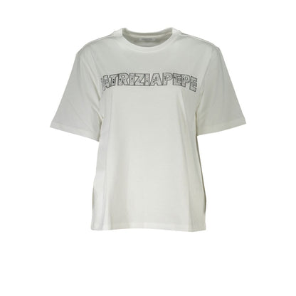 T-Shirt by Patrizia Pepe for women in organic cotton & rhinestone white & signature features an edgy silhouette, meticulously detailed with a sophisticated short-sleeve and crew neckline for a truly edgy finish.