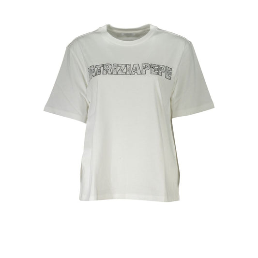 T-Shirt by Patrizia Pepe for women in organic cotton & rhinestone white & signature features an edgy silhouette, meticulously detailed with a sophisticated short-sleeve and crew neckline for a truly edgy finish.
