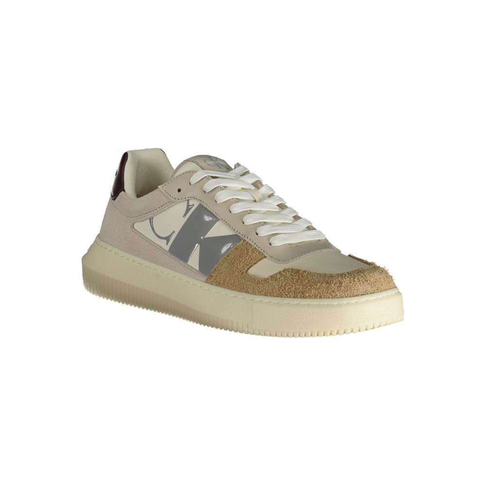Sneakers by Calvin Klein for men in polyester & rubber beige & print presents a sumptuous silhouette, artfully capturing the essence of the Men's Fashion Polyester & Rubber Sneakers with its sumptuous fashion style design.