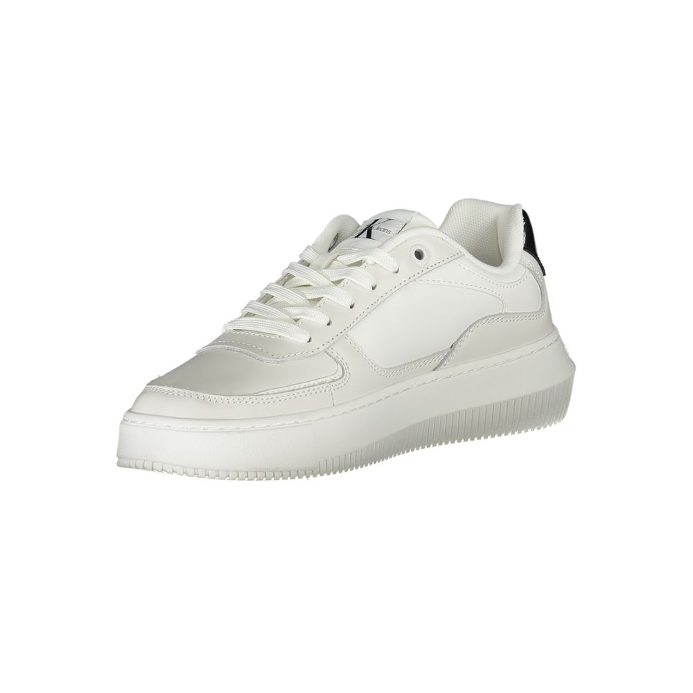 Sneakers by Calvin Klein for women in polyester polyethylene leather white presents a sumptuous silhouette, artfully capturing the essence of the Women's Fashion Polyester Polyethylene Leather Sneakers with its sumptuous fashion style design.