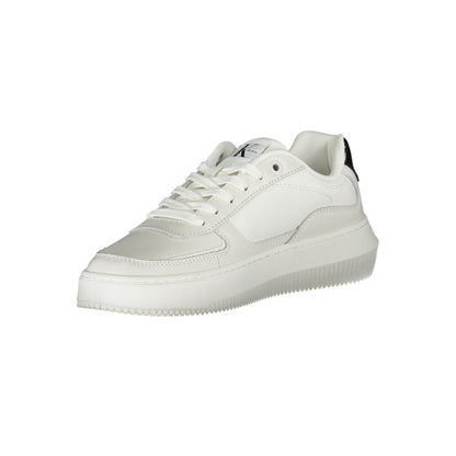 Sneakers by Calvin Klein for women in polyester polyethylene leather white presents a sumptuous silhouette, artfully capturing the essence of the Women's Fashion Polyester Polyethylene Leather Sneakers with its sumptuous fashion style design.