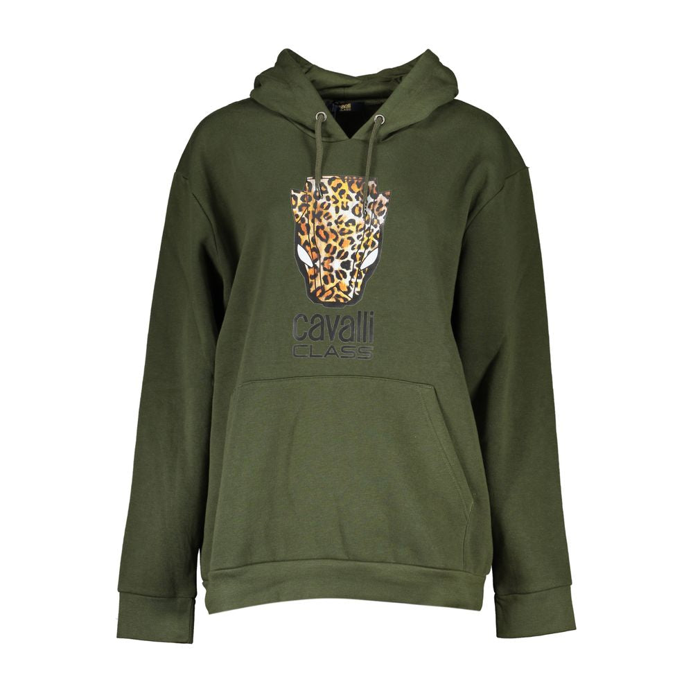 Sweatshirt Hoodie by Cavalli Class for women in cotton polyester green & print features an dramatic silhouette, showcasing a sophisticated wrap hooded neckline and dramatic for a refined, modern aesthetic.