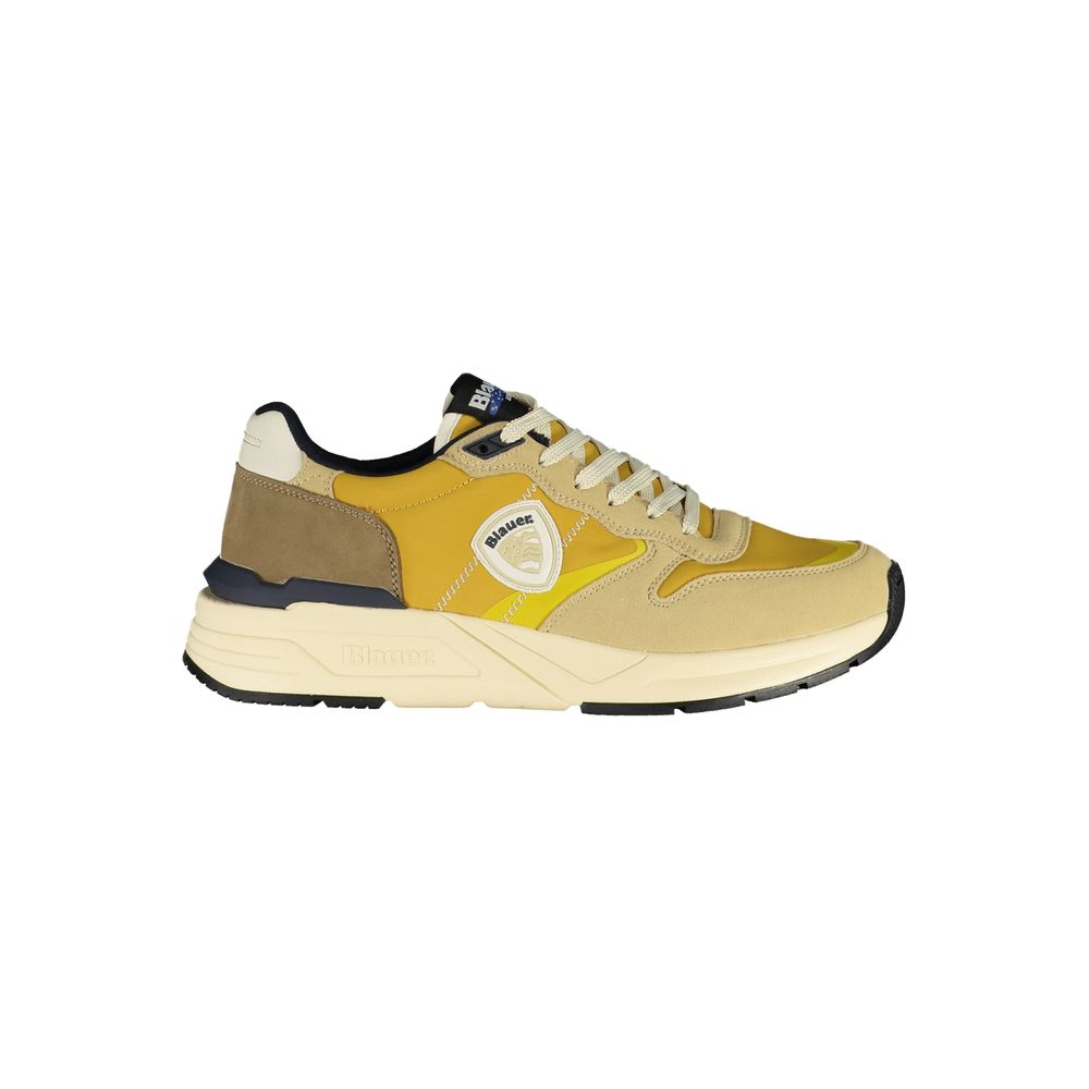 Athletic Sneakers by Blauer for men in polyester & polyethylene beige, mustard, yellow & signature features an architectural silhouette from the Men's Athletic Polyester & Polyethylene Sneakers collection, showcasing a architectural athletic style for a architectural look.