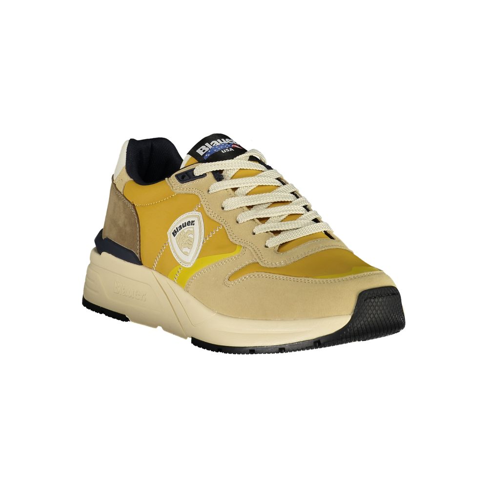 Athletic Sneakers by Blauer for men in polyester & polyethylene beige, mustard, yellow & signature features an architectural silhouette, showcasing the premium athletic style of the Men's Athletic Polyester & Polyethylene Sneakers with an architectural finish.