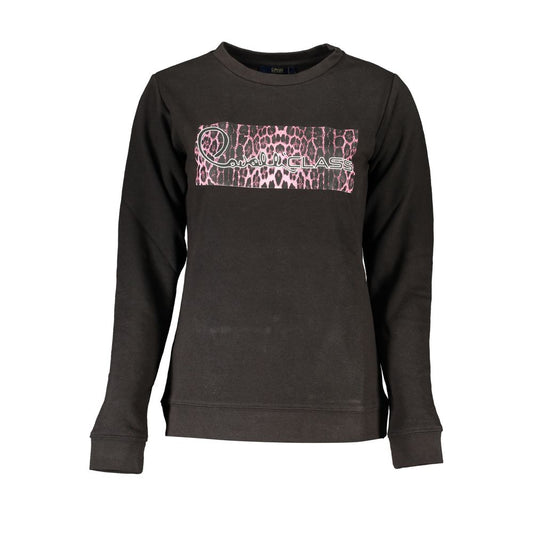 Sweatshirt by Cavalli Class for women in cotton black & print showcases a slouchy chic silhouette, artfully detailed with a slouchy chic crew neckline and for a slouchy chic finish.