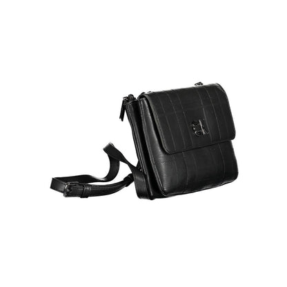 Crossbody Evening Convertible Handbag by Calvin Klein for women in polyester polyethylene faux leather black & signature features an exquisite silhouette, showcasing a secure , ample built-in-compartments & internal-pockets, and exquisite crossbody-strap & adjustable-strap for a sophisticated finish.