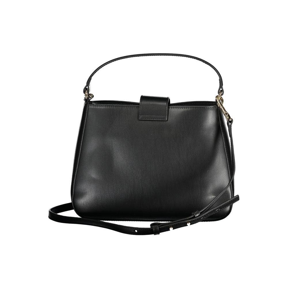 Handbag by Tommy Hilfiger for women in polyethylene black features an refined silhouette, showcasing a secure magnetic, ample internal-pockets, and versatile shoulder-strap, adjustable-strap & handle for a sophisticated refined aesthetic.