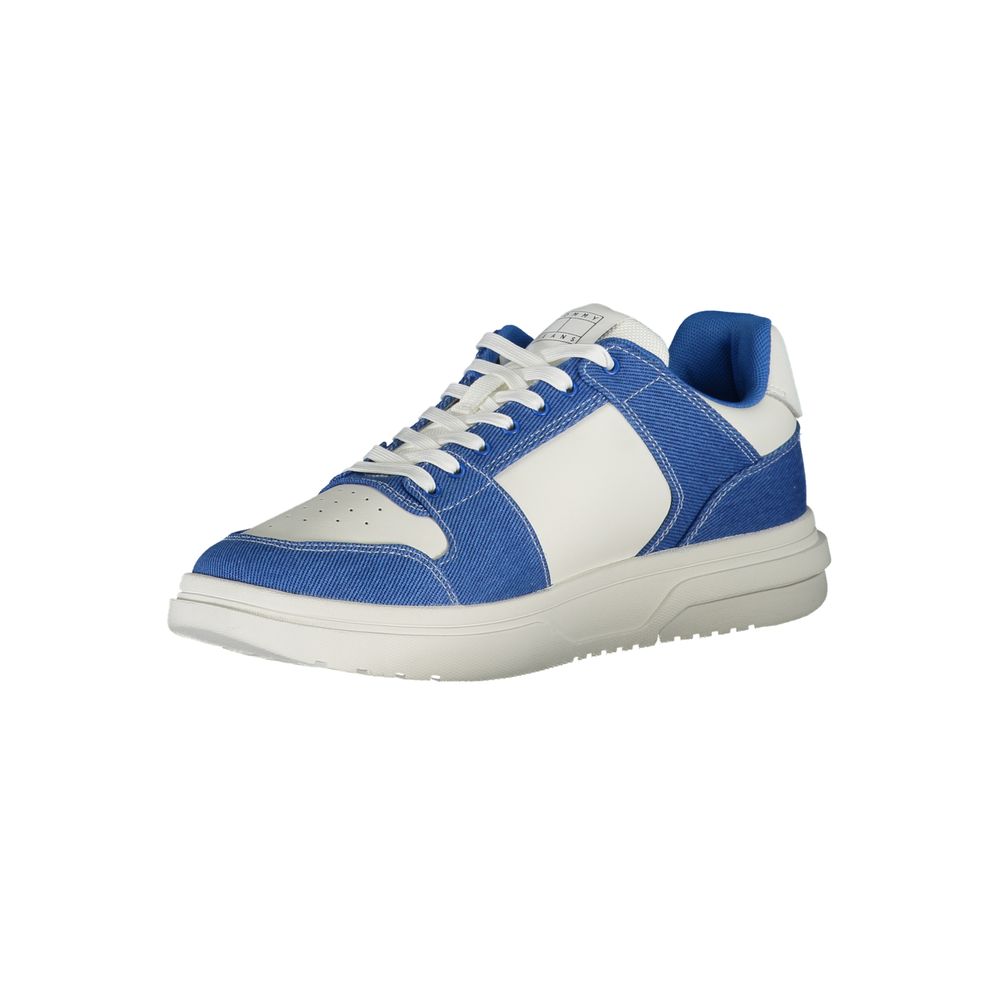 Athletic Sneakers by Tommy Hilfiger for men in polyester polyurethane leather white showcases a architectural silhouette, artfully capturing the essence of the Crisp Men's Athletic Polyester Polyurethane Leather Sneakers with its signature architectural athletic style construction.