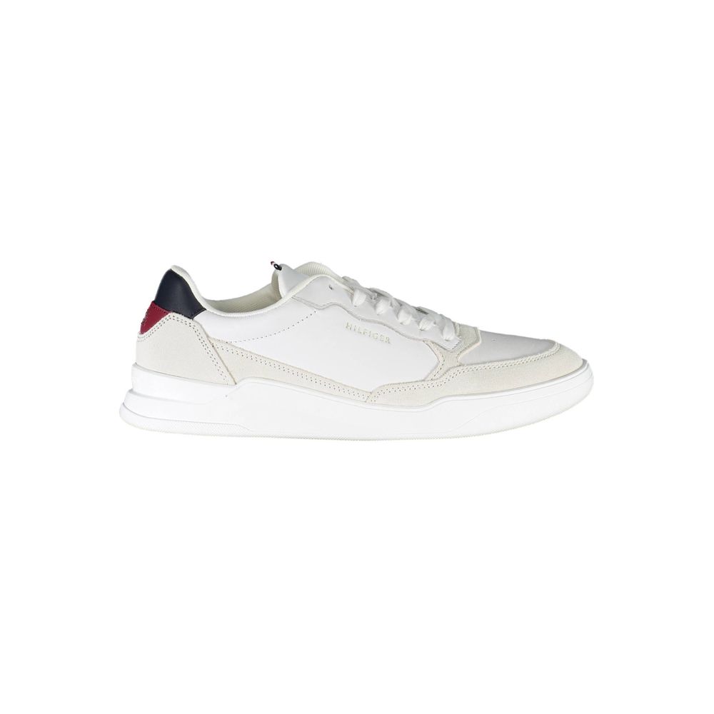 Sneakers by Tommy Hilfiger for men in polyester polyethylene leather white presents a sumptuous silhouette, artfully capturing the essence of the Crisp Men's Fashion Polyester Polyethylene Leather Sneakers with its sumptuous fashion style design.
