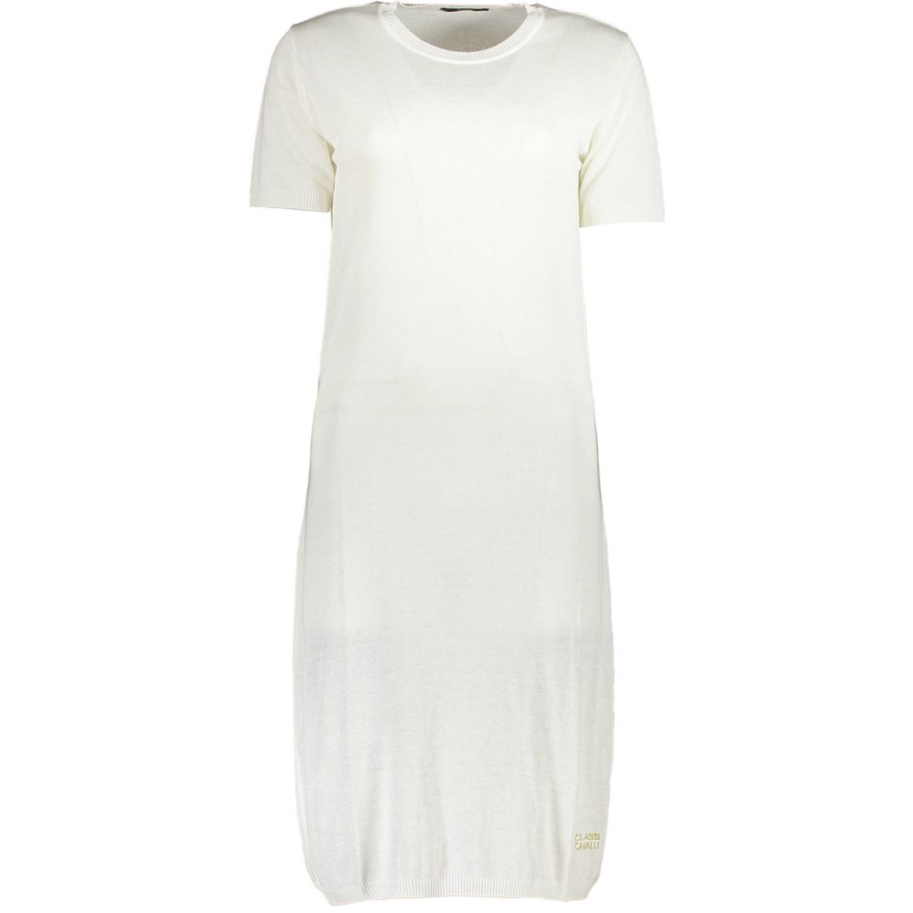 Dress by Cavalli Class for women in polyamide viscose white showcases a striking silhouette, elegantly detailed with a short-sleeve, refined round neckline, and a striking short for a striking finish.
