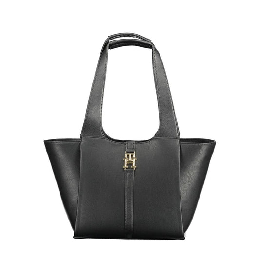 Shoulder Shopper Tote Convertible Handbag by Tommy Hilfiger for women in polyethylene faux leather black & gold features a exquisite silhouette with a secure snap, ample internal-pockets, and versatile shoulder-strap & handle for a exquisite look.