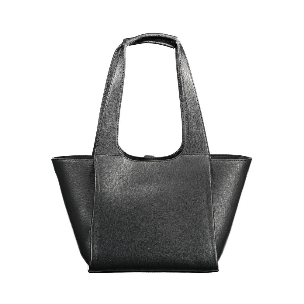 Shoulder Shopper Tote Convertible Handbag by Tommy Hilfiger for women in polyethylene faux leather black & gold presents a exquisite silhouette, showcasing a secure snap and organized internal-pockets with versatile shoulder-strap & handle.