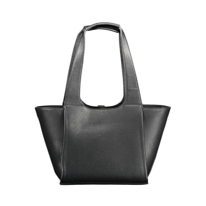 Shoulder Shopper Tote Convertible Handbag by Tommy Hilfiger for women in polyethylene faux leather black & gold presents a exquisite silhouette, showcasing a secure snap and organized internal-pockets with versatile shoulder-strap & handle.