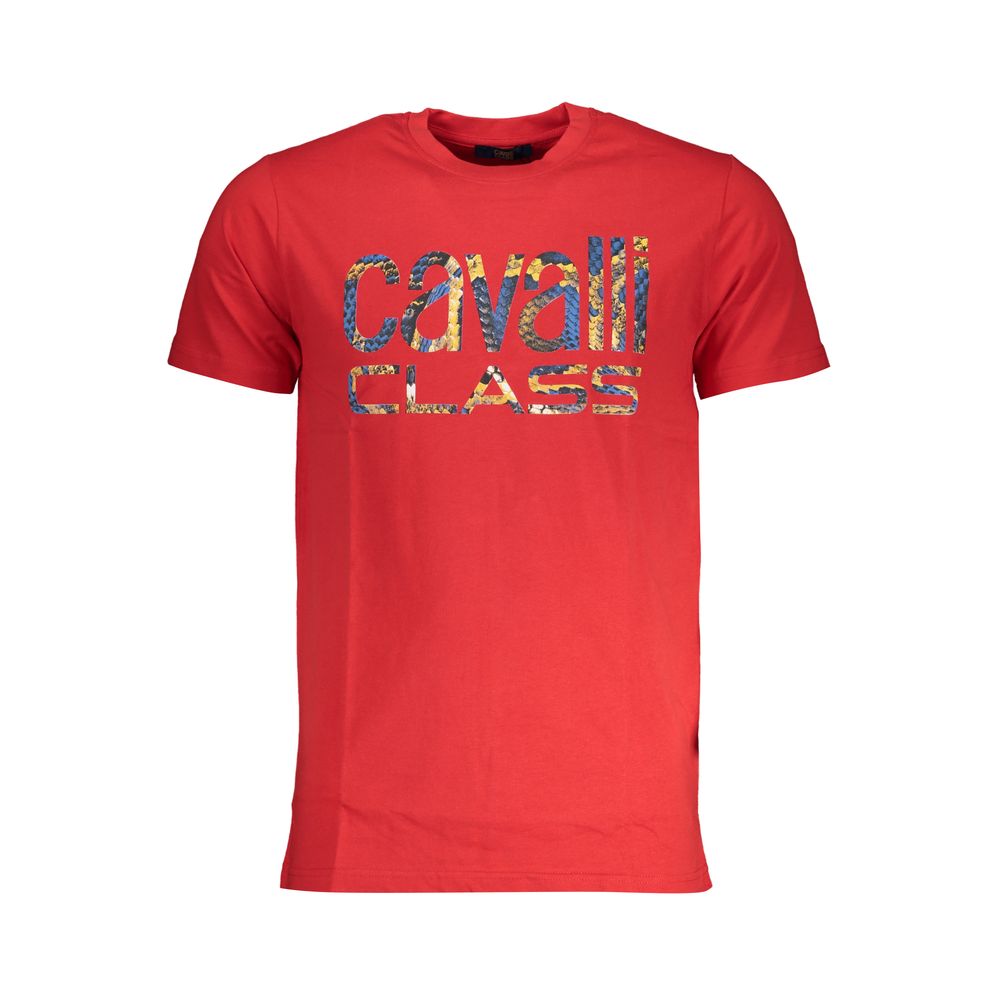 T-Shirt by Cavalli Class for men in cotton red & print showcases a dramatic silhouette, elegantly detailed with a dramatic crew neckline and for a truly dramatic finish.