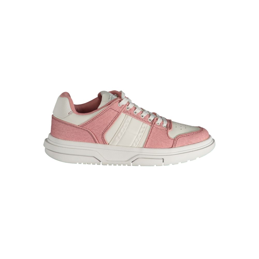 Athletic Sneakers by Tommy Hilfiger for women in polyester polyurethane leather pink & signature presents a sleek silhouette, perfectly capturing the athletic style essence of Women's Athletic Polyester Polyurethane Leather Sneakers with its sleek design and premium finish.