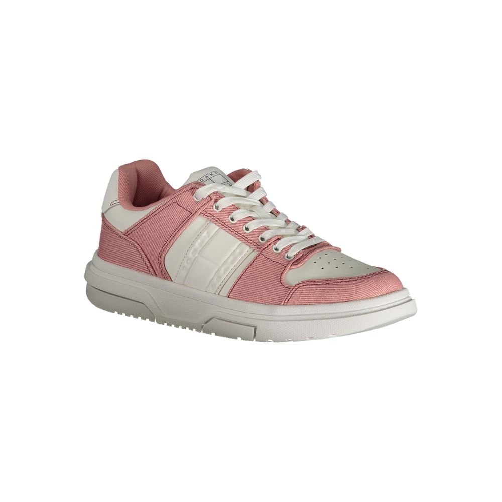 Athletic Sneakers by Tommy Hilfiger for women in polyester polyurethane leather pink & signature features an architectural silhouette from the Women's Athletic Polyester Polyurethane Leather Sneakers collection, showcasing a architectural athletic style for a architectural look.