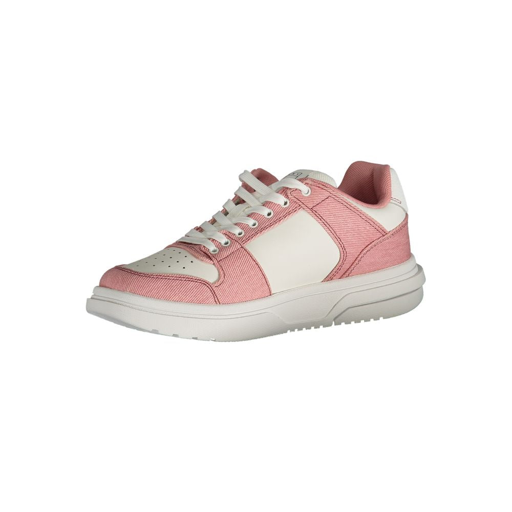 Athletic Sneakers by Tommy Hilfiger for women in polyester polyurethane leather pink & signature features an architectural silhouette, showcasing the premium athletic style of the Women's Athletic Polyester Polyurethane Leather Sneakers with an architectural finish.