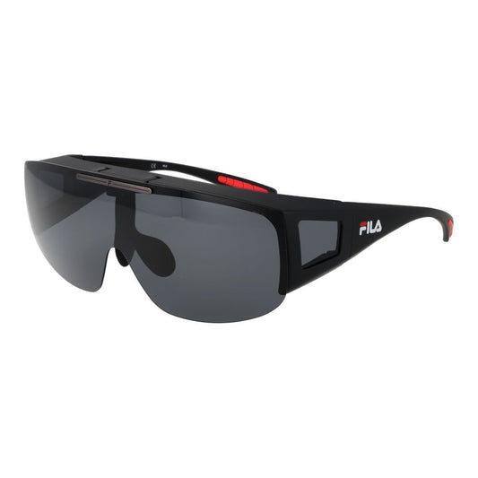 Sunglasses by Fila for men in plastic and black featuring an opulent full-rim mono-lens frame design with a sophisticated black coloured frame finish and high-performance photochromatic polarized category-3-dark-tint lens.