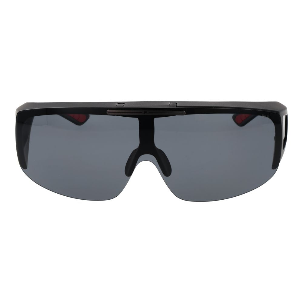 This Sunglasses by Fila for men in plastic black presents a sumptuous silhouette, showcasing a sumptuous full-rim mono-lens frame design in black coloured frame and high-performance photochromatic polarized category-3-dark-tint lens.