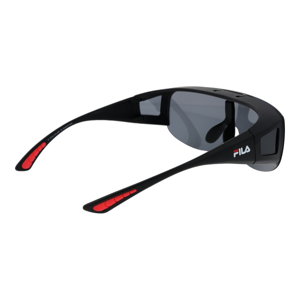 Sunglasses by Fila for men in plastic black features an lustrous full-rim mono-lens frame design with black coloured frame detailing and photochromatic polarized category-3-dark-tint lens for a lustrous aesthetic.
