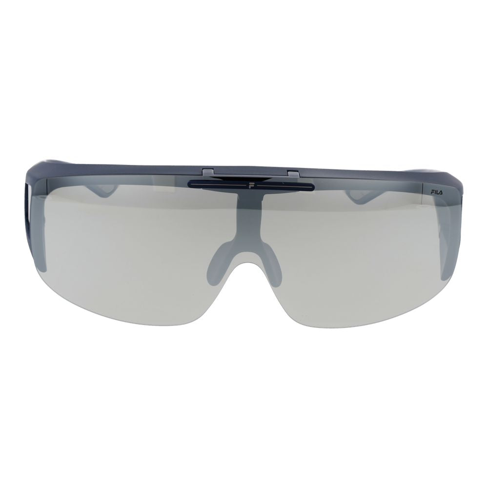 Sunglasses by Fila for men in plastic blue showcases a ethereal silhouette, featuring blue coloured frame mono-lens frame design with polarized mirrored category-3-dark-tint lens for a ethereal finish.