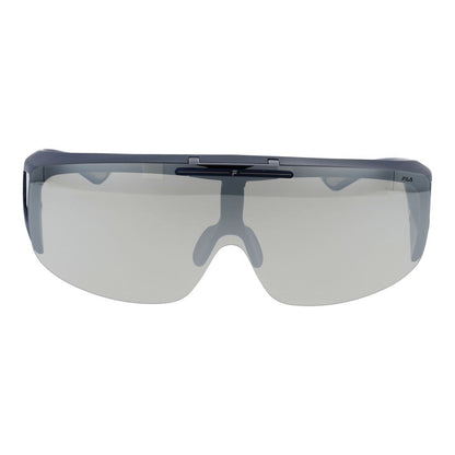 Sunglasses by Fila for men in plastic blue showcases a ethereal silhouette, featuring blue coloured frame mono-lens frame design with polarized mirrored category-3-dark-tint lens for a ethereal finish.