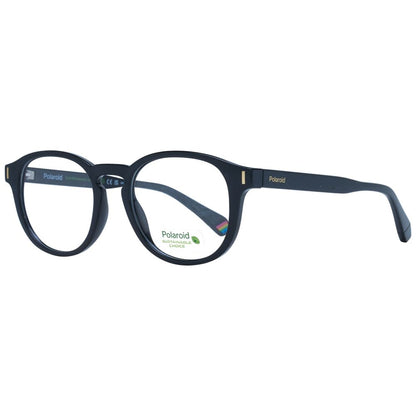 Eyeglasses Frames by Polaroid for unisex in polyamide black showcases a reflective silhouette, artfully incorporating a sophisticated black coloured frame with a distinct full-frame frame design.