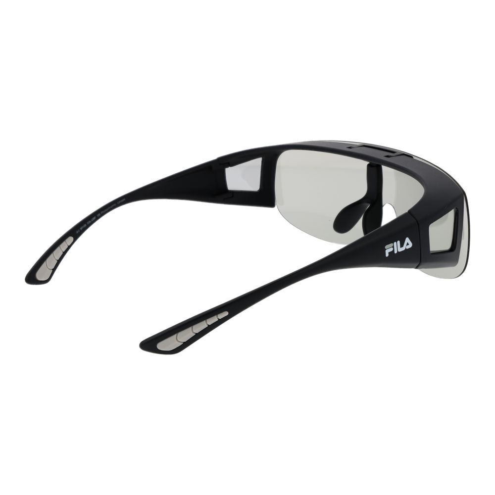 Sunglasses by Fila for men in plastic black features a sumptuous silhouette, showcasing a sumptuous full-rim mono-lens frame design in black coloured frame with high-performance photochromatic polarized lens.