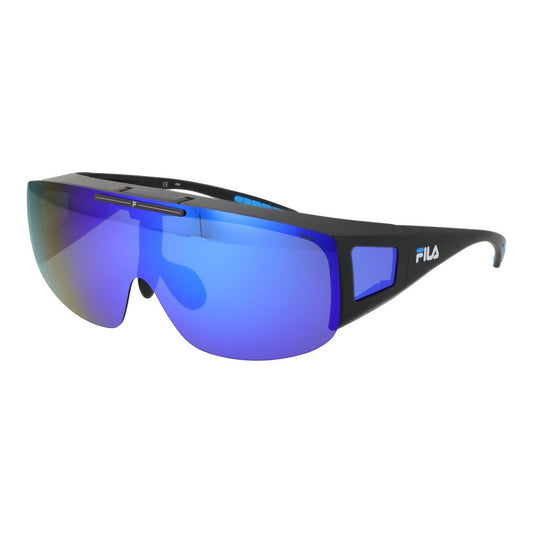 Sunglasses by Fila for men in plastic black features an lustrous full-rim mono-lens frame design with black coloured frame detailing and polarized mirrored category-3-dark-tint lens for a lustrous aesthetic.