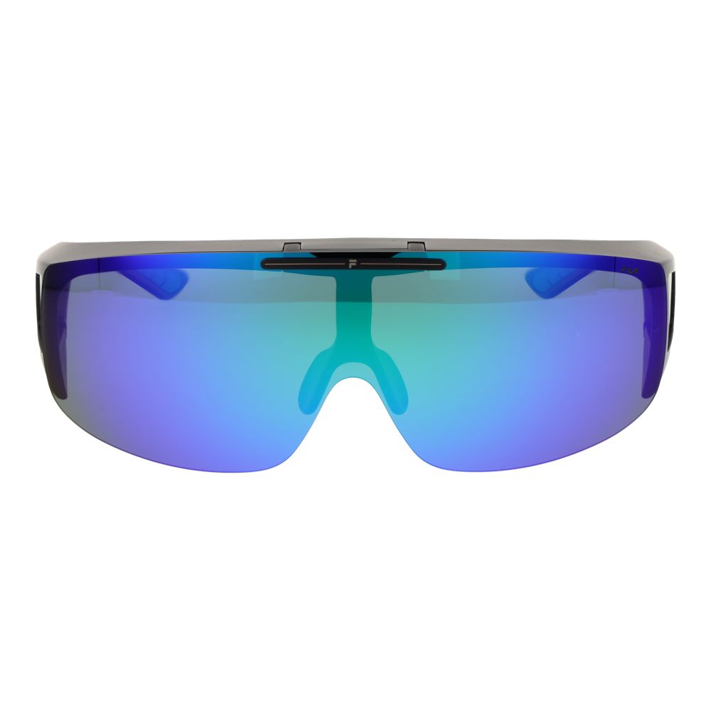 Sunglasses by Fila for men in plastic and black featuring an opulent full-rim mono-lens frame design with a sophisticated black coloured frame finish and high-performance polarized mirrored category-3-dark-tint lens.