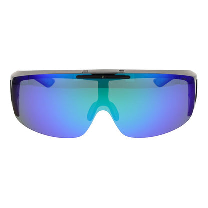 Sunglasses by Fila for men in plastic and black featuring an opulent full-rim mono-lens frame design with a sophisticated black coloured frame finish and high-performance polarized mirrored category-3-dark-tint lens.