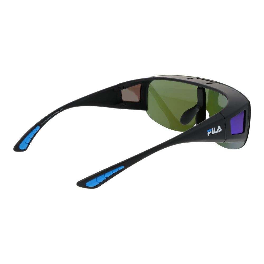 Sunglasses by Fila for men in plastic black features a sumptuous silhouette, showcasing a sumptuous full-rim mono-lens frame design in black coloured frame with high-performance polarized mirrored category-3-dark-tint lens.