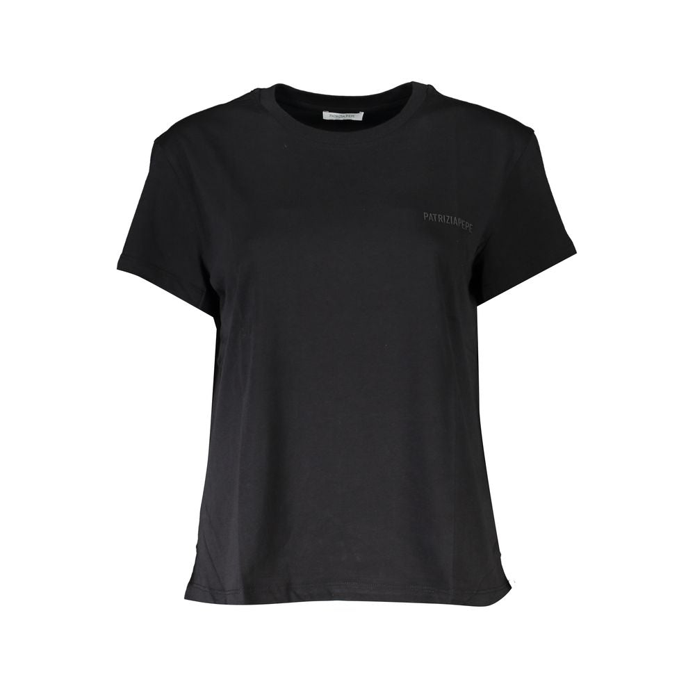 T-Shirt by Patrizia Pepe for women in organic cotton black & print showcases a dramatic silhouette, elegantly detailed with a dramatic crew neckline and short-sleeve for a truly dramatic finish.