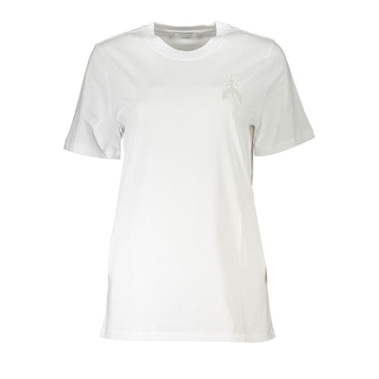 T-Shirt by Patrizia Pepe for women in organic cotton white showcases a unassuming silhouette, artfully detailed with a refined crew neckline and unassuming for a sophisticated, contemporary look.