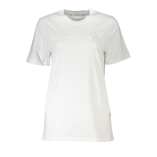 T-Shirt by Patrizia Pepe for women in organic cotton white showcases a unassuming silhouette, artfully detailed with a refined crew neckline and unassuming for a sophisticated, contemporary look.