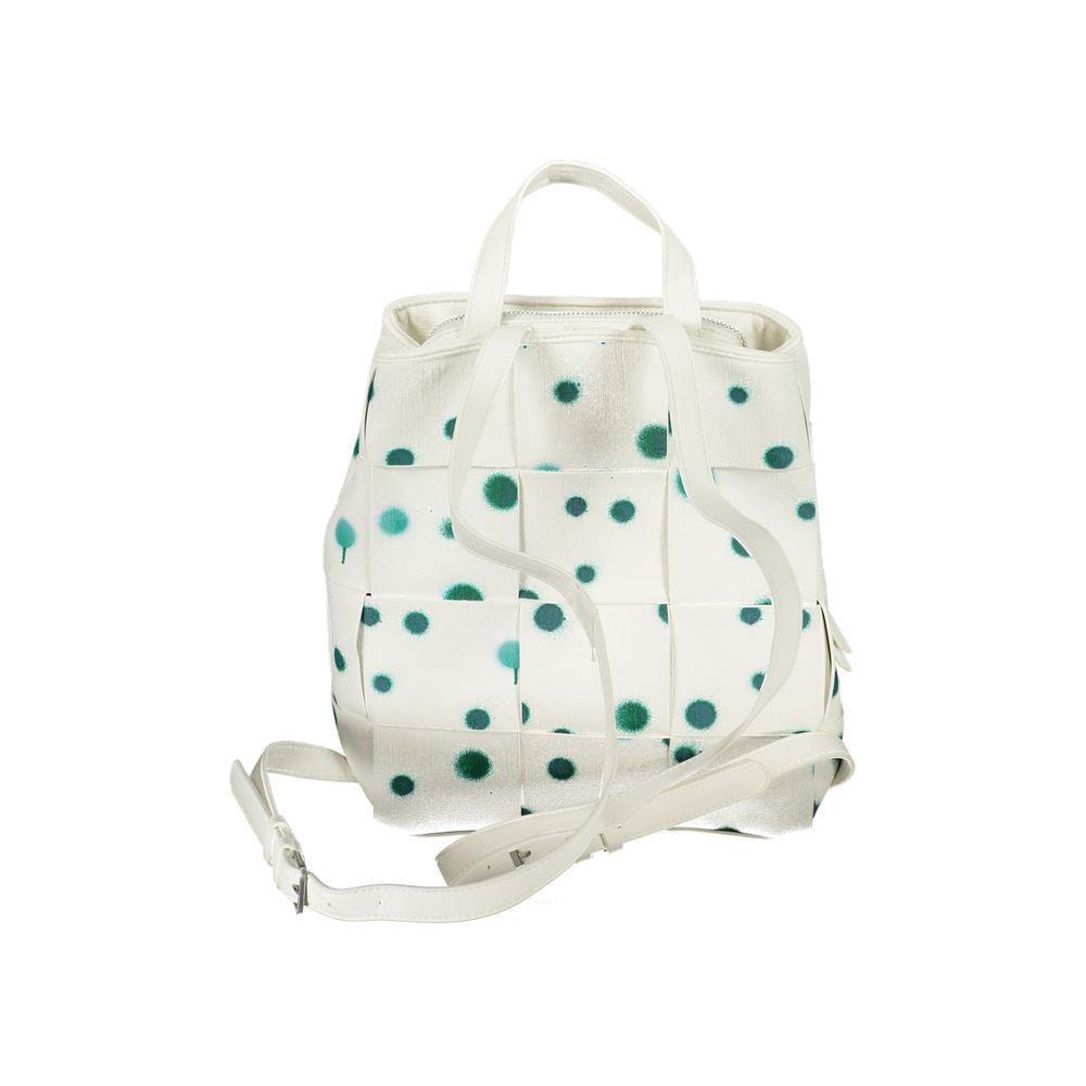 Small Backpack by Desigual for women in faux leather & canvas green, white & print showcases a stately Droplets Faux Leather & Canvas Small Backpack design, featuring a secure with stately built-in-compartments and versatile backpack-strap.