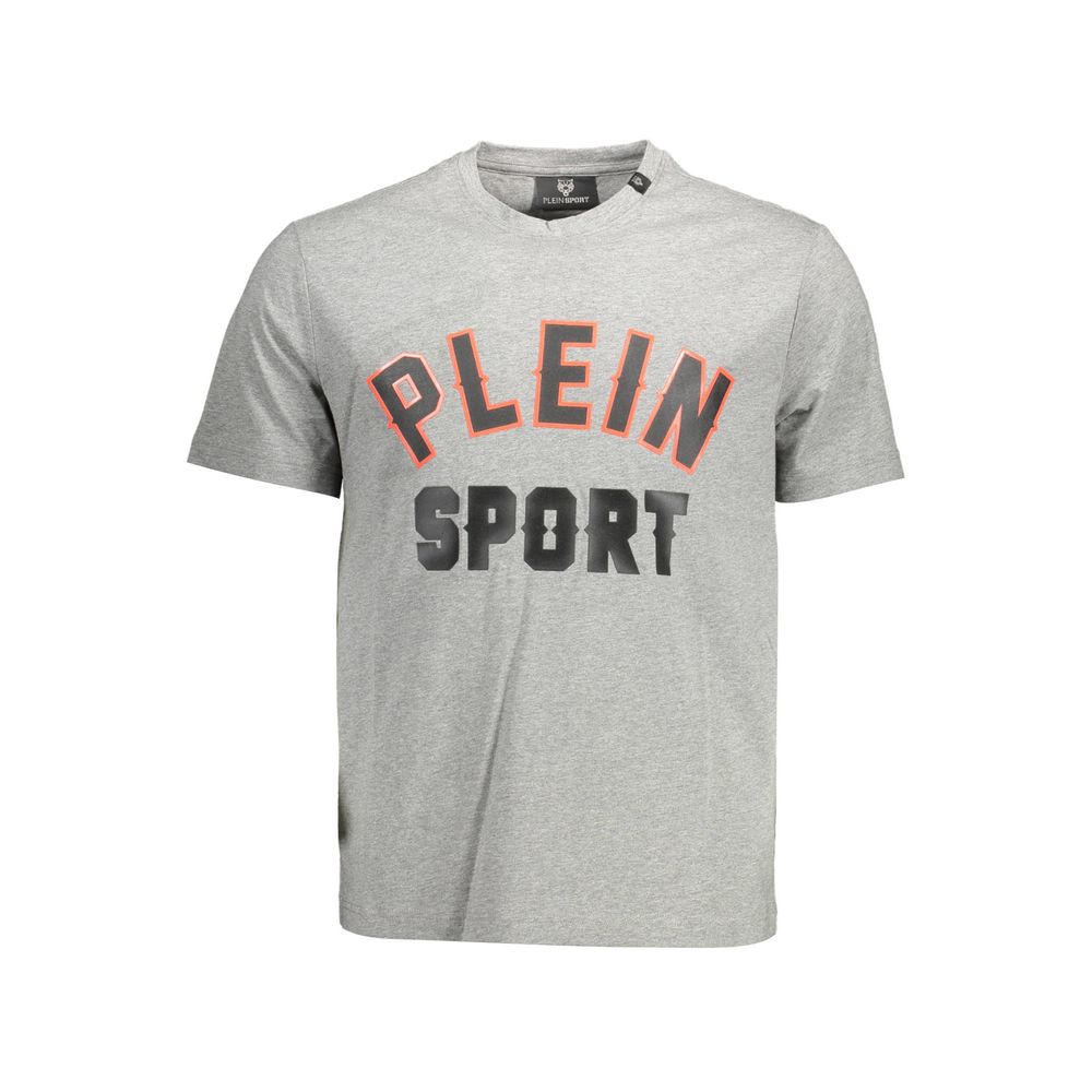 T-Shirt by Plein Sport for men in cotton gray features an edgy silhouette, meticulously detailed with a sophisticated and crew neckline for a truly edgy finish.