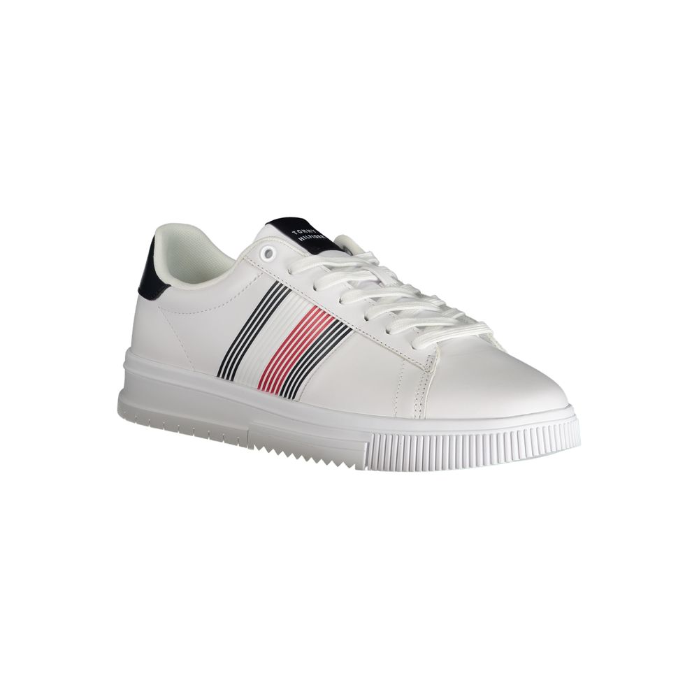 Athletic Sneakers by Tommy Hilfiger for men in polyester white features an stately silhouette, showcasing the signature athletic style of the Men's Athletic Polyester Sneakers collection with a truly stately finish.