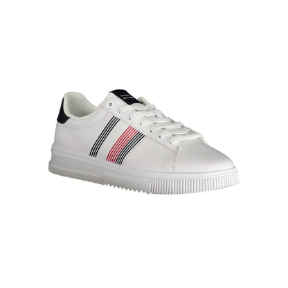 Athletic Sneakers by Tommy Hilfiger for men in polyester white features an stately silhouette, showcasing the signature athletic style of the Men's Athletic Polyester Sneakers collection with a truly stately finish.